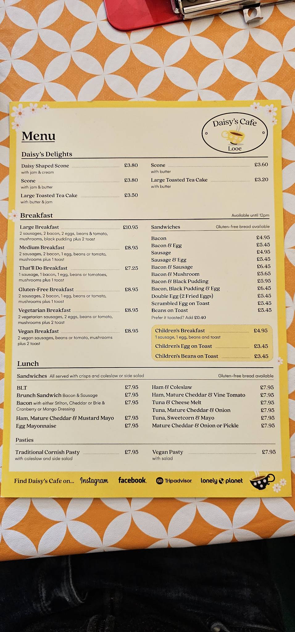 Menu at Daisy's Cafe, Looe