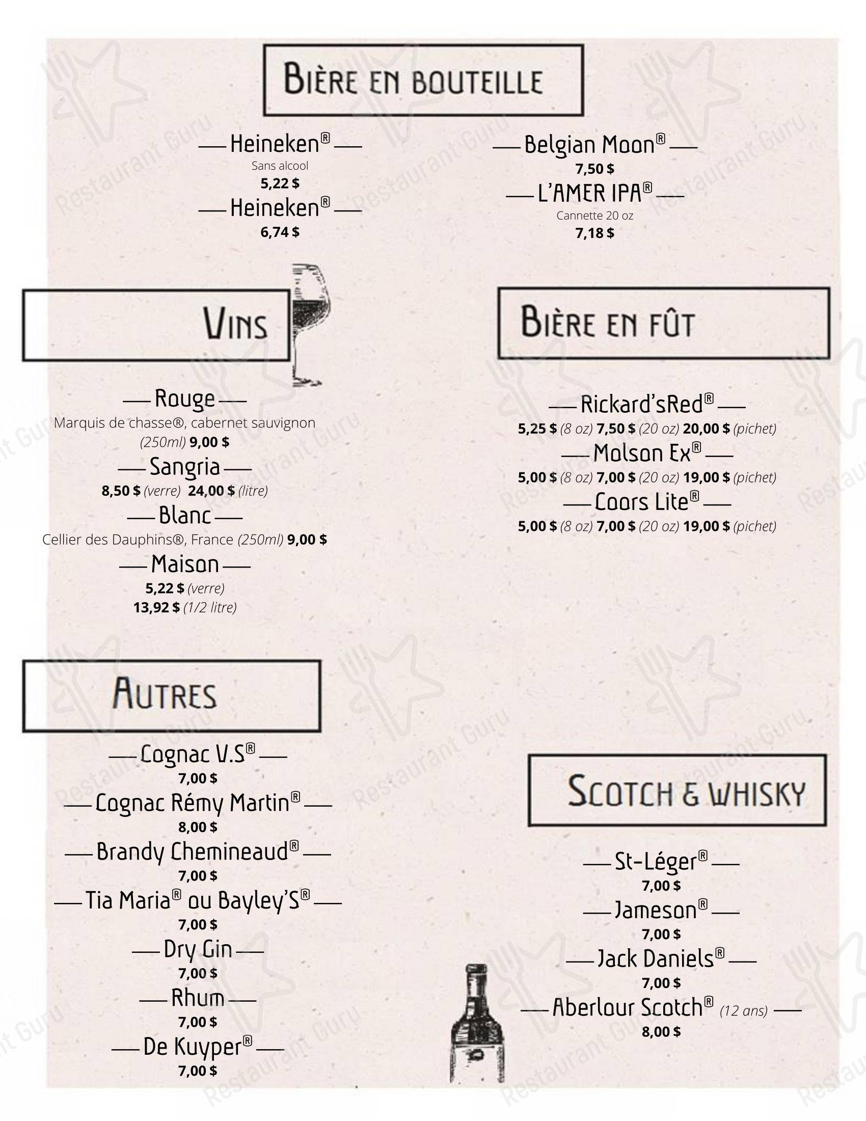 Menu pour Café des Halles café