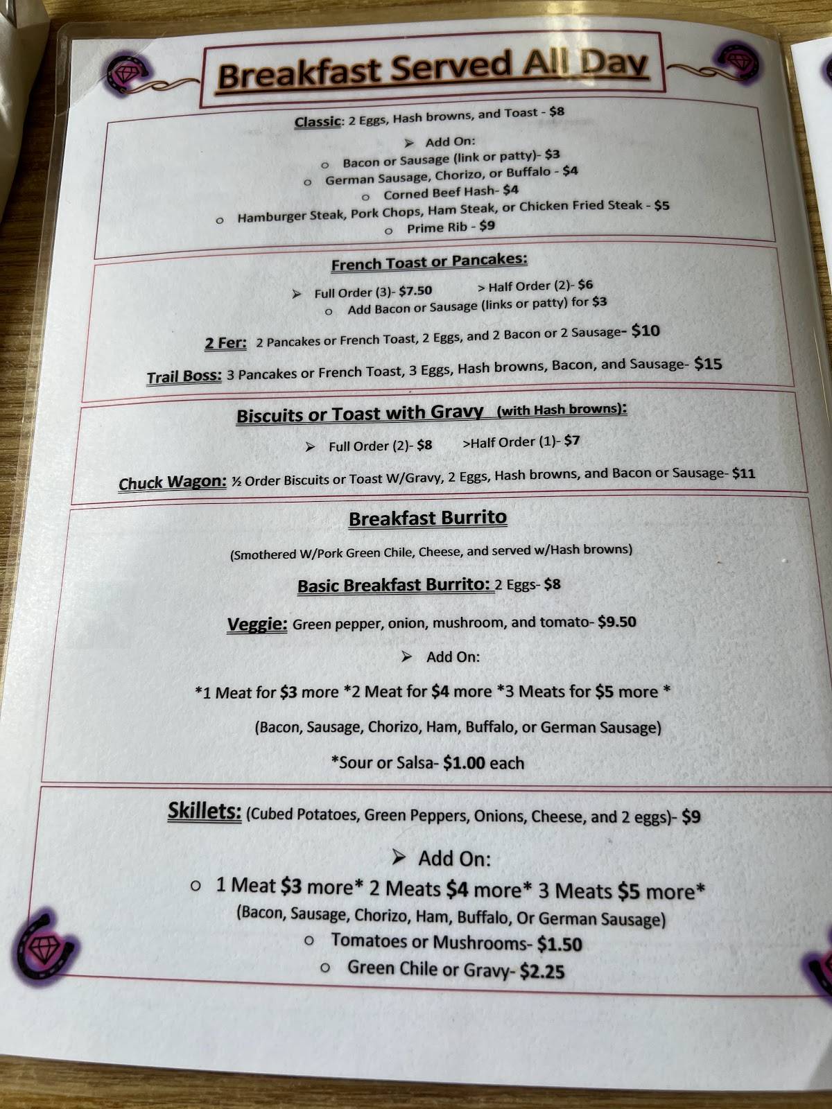 Menu at Diamond Horseshoe Cafe, Cheyenne