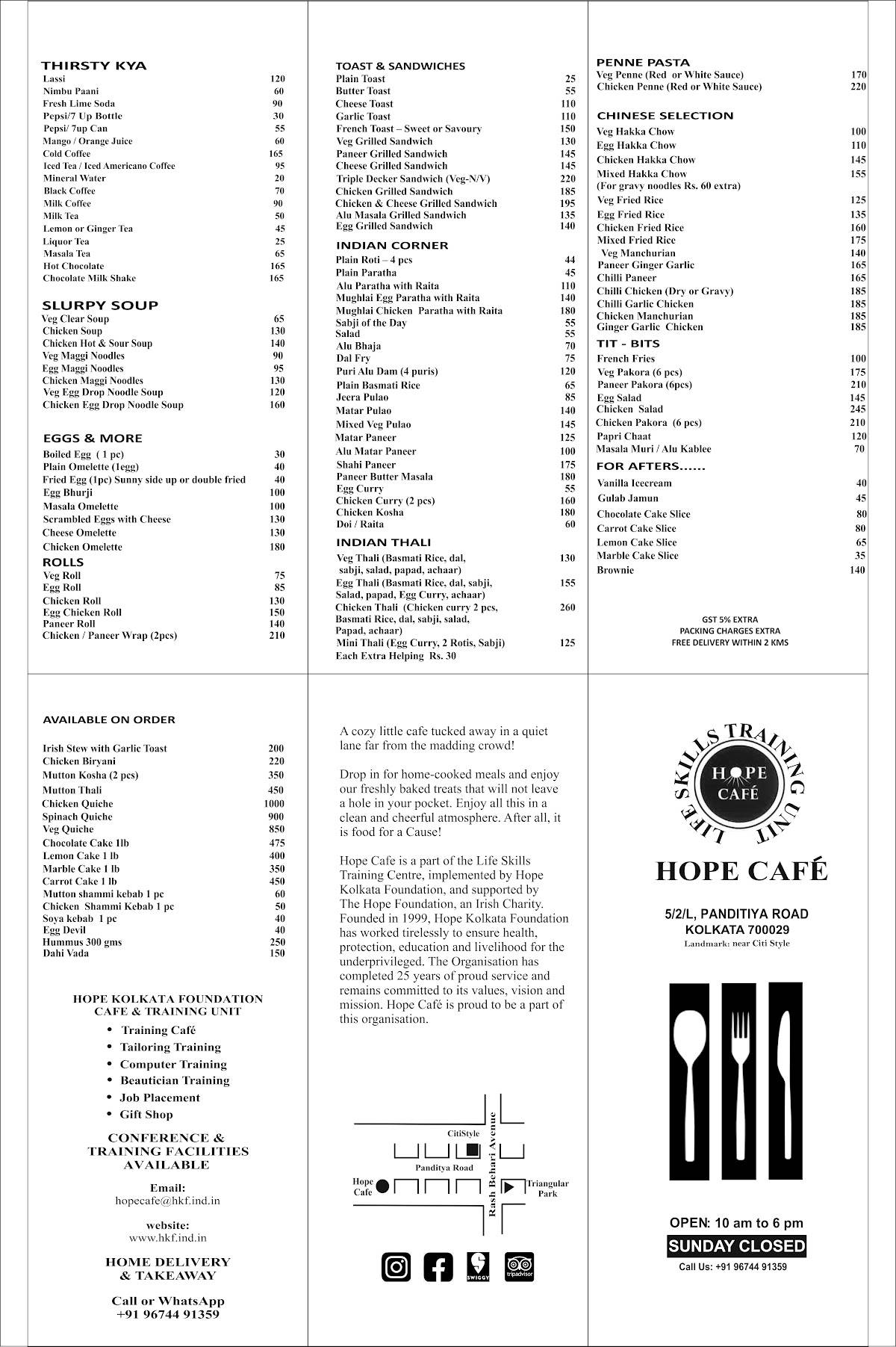Hope Cafe menu