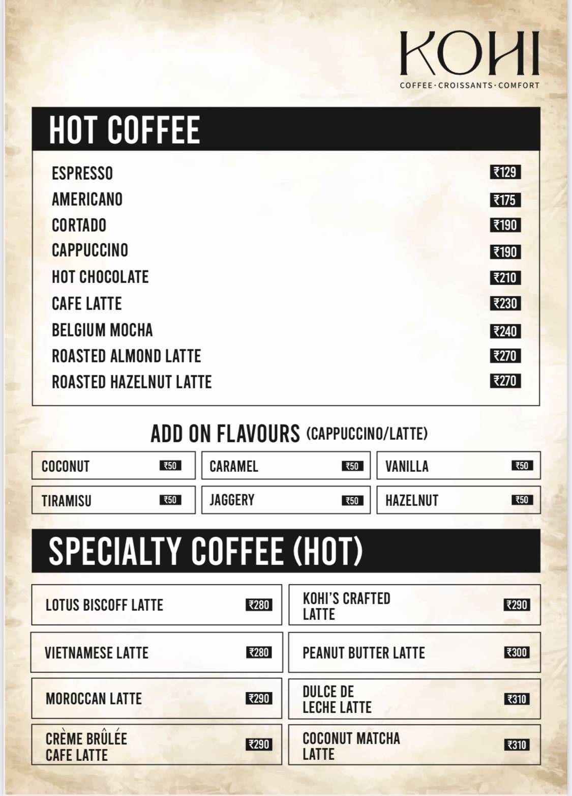 Kohi - The Cafe menu