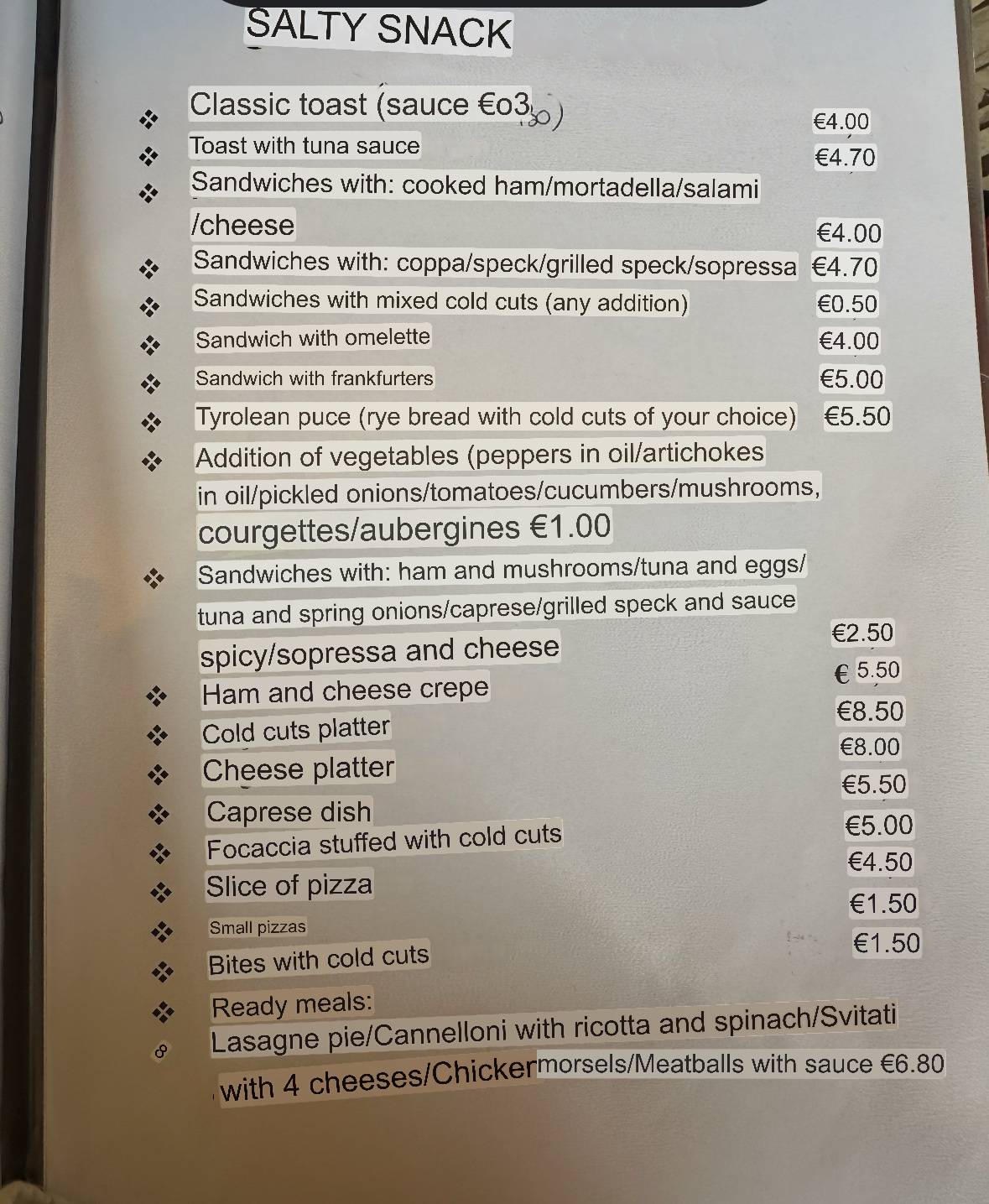 Menu di La Croda 