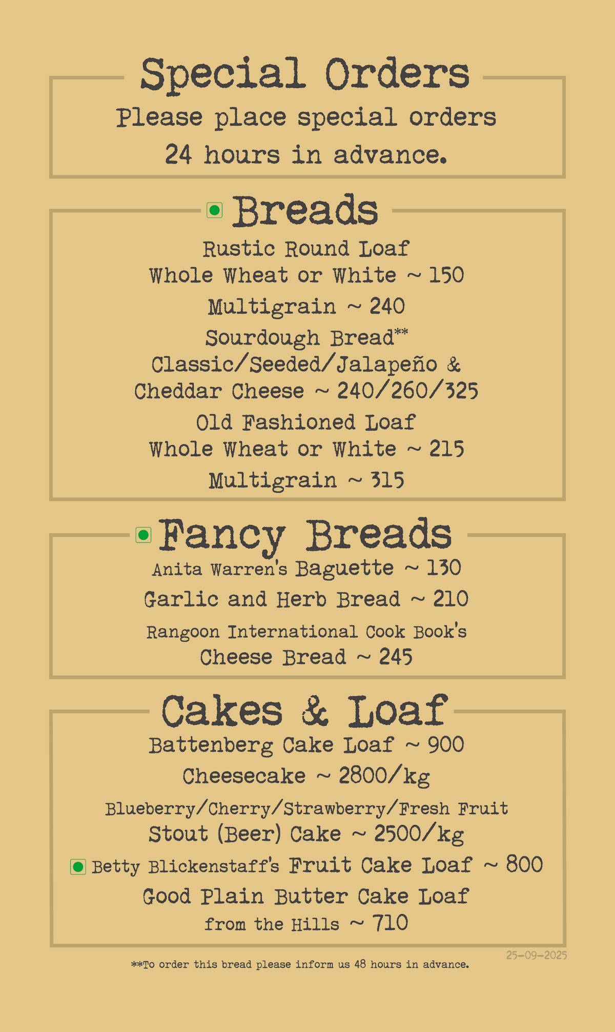 Landour Bakehouse menu