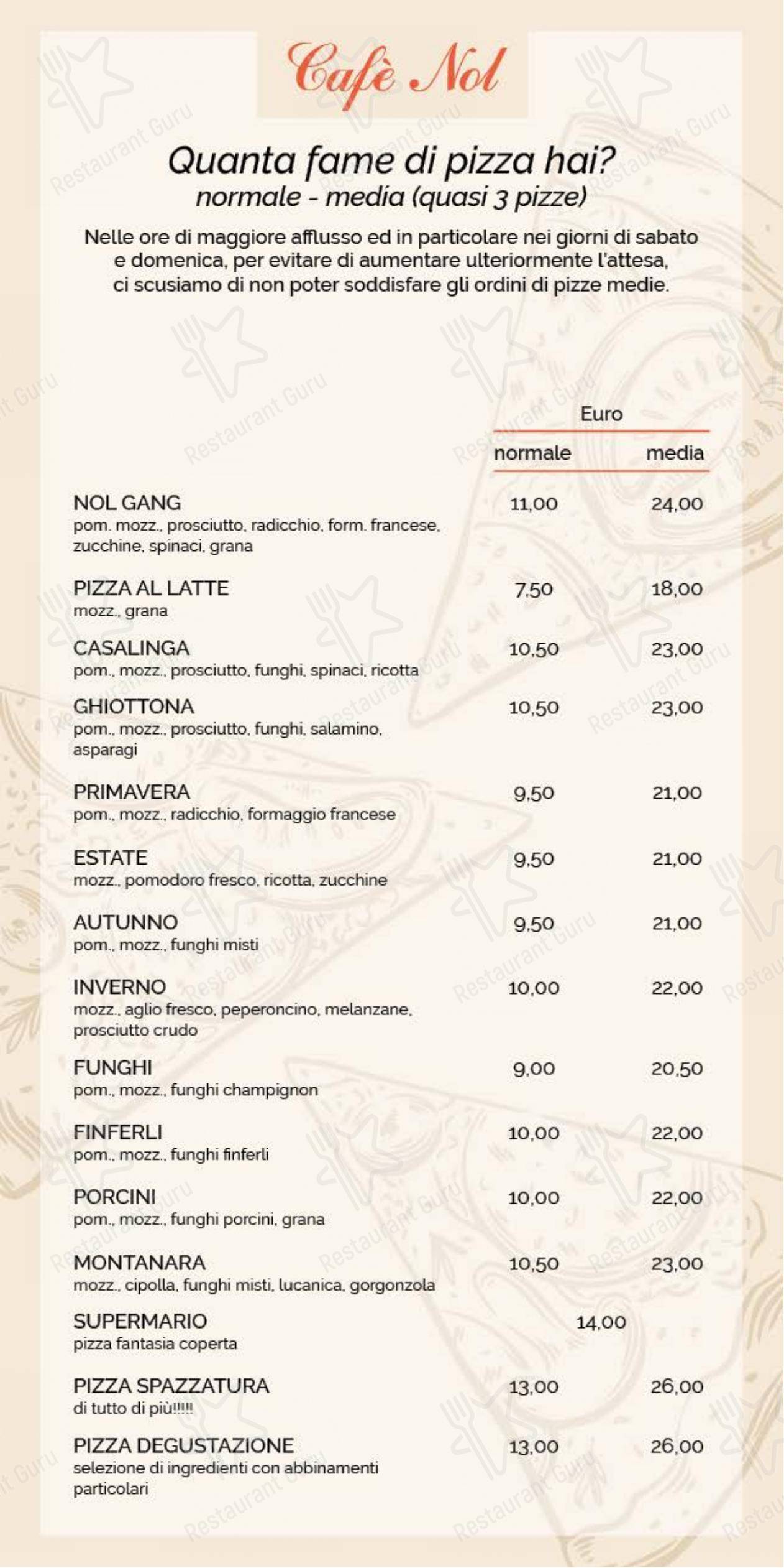 Menu per Café Nol ~ pub & pizzeria in Vattaro