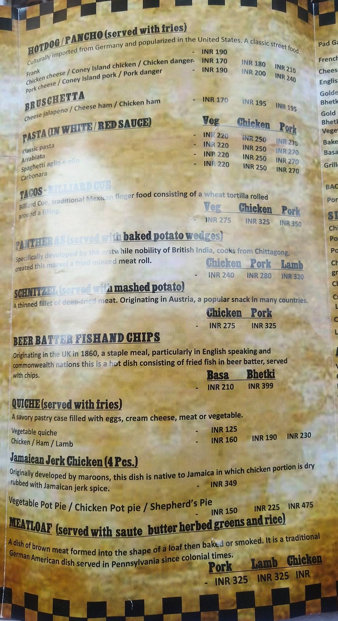 Old Mates menu