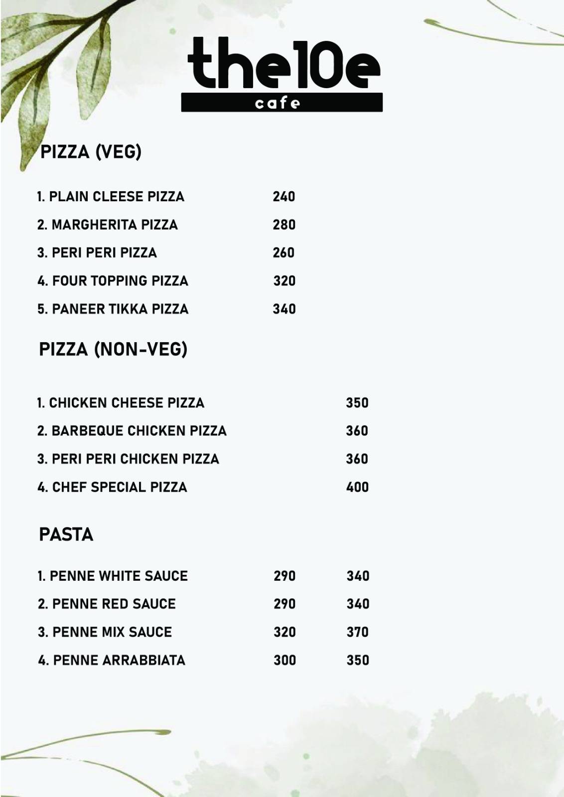 The 10e cafe menu