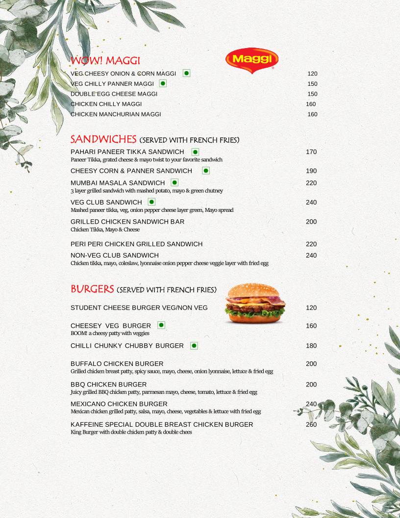 The Kaffeine Klub menu