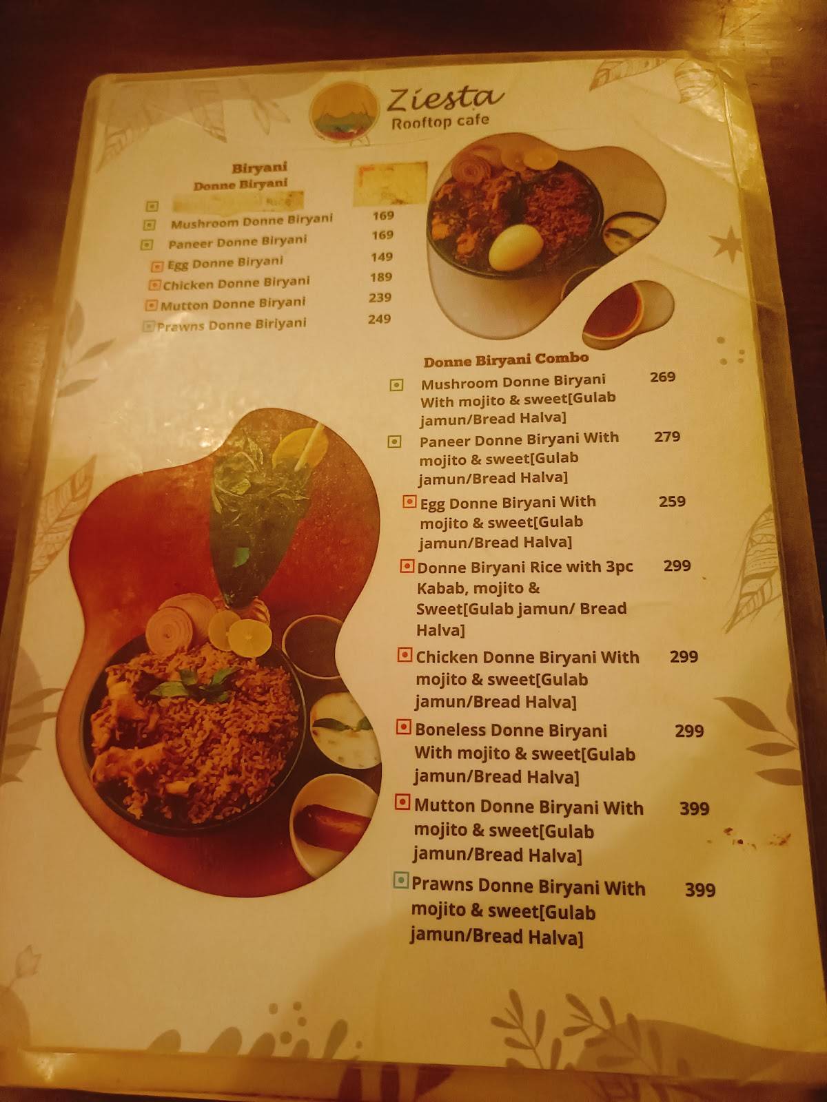 Ziesta Rooftop Cafe menu