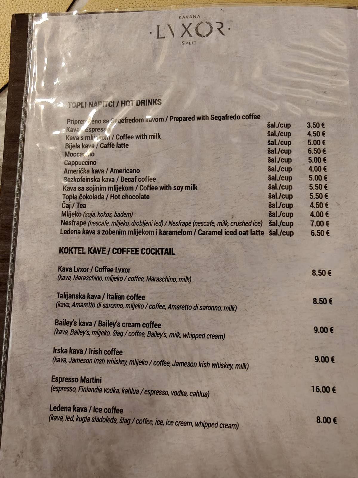 Menu di Café & Restaurant Lvxor Split 