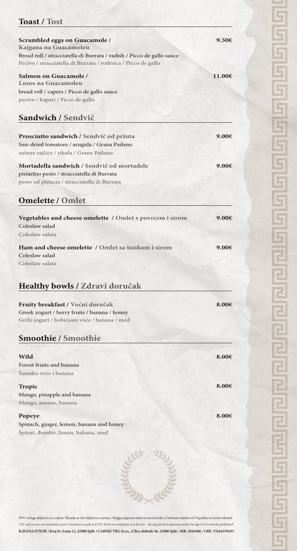 Menu di Café & Restaurant Lvxor Split 