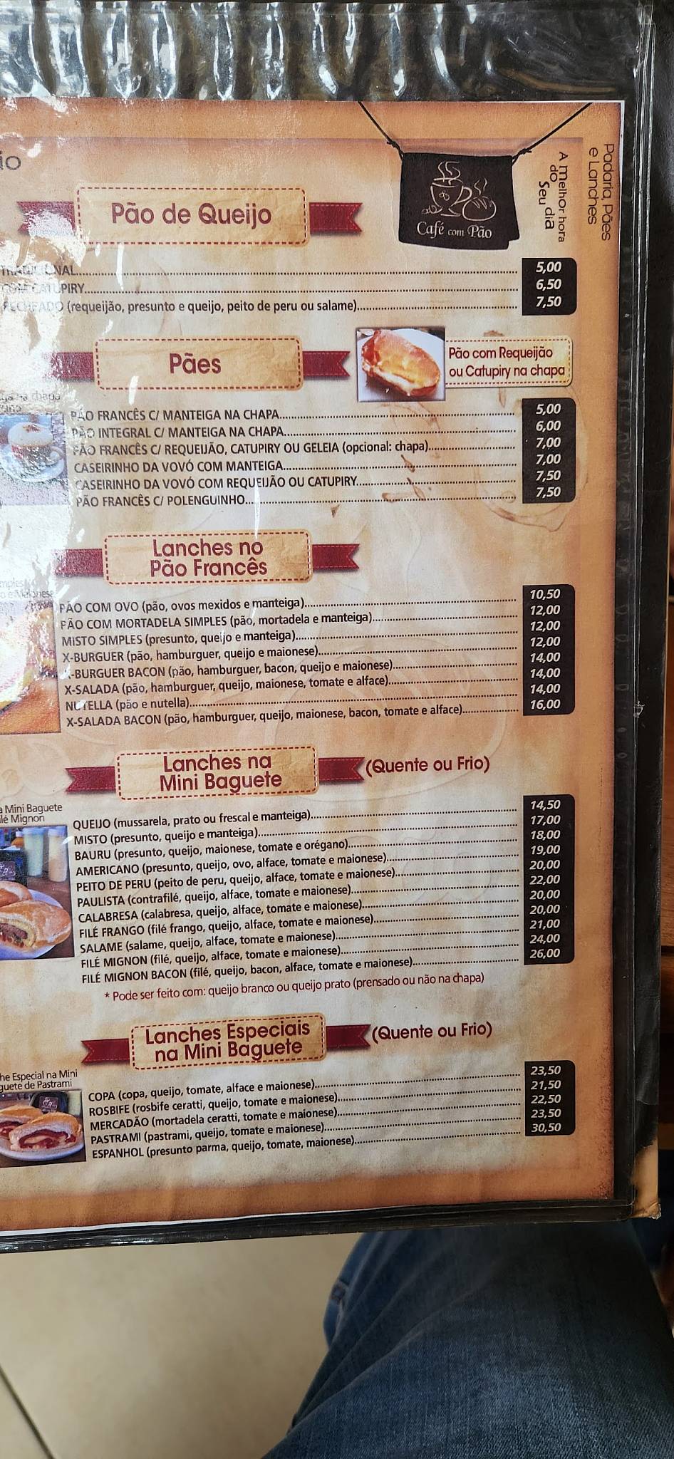 Café com Pão cardápio