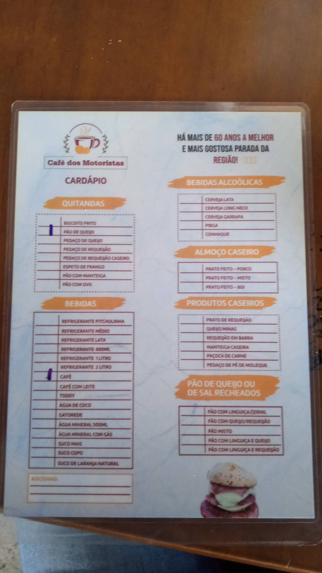 Café dos Motoristas cardápio