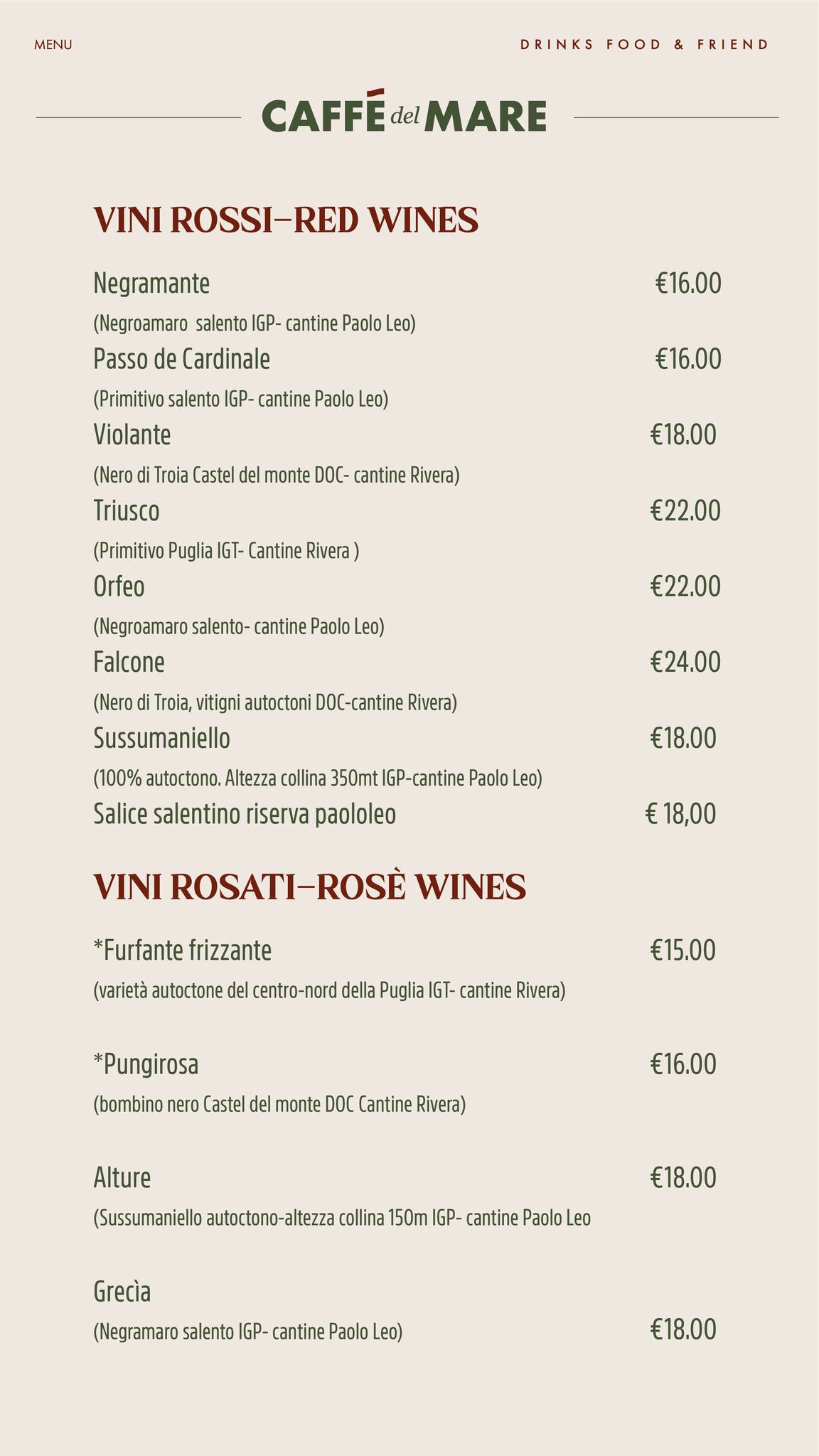 Menu di Caffè del Mare 