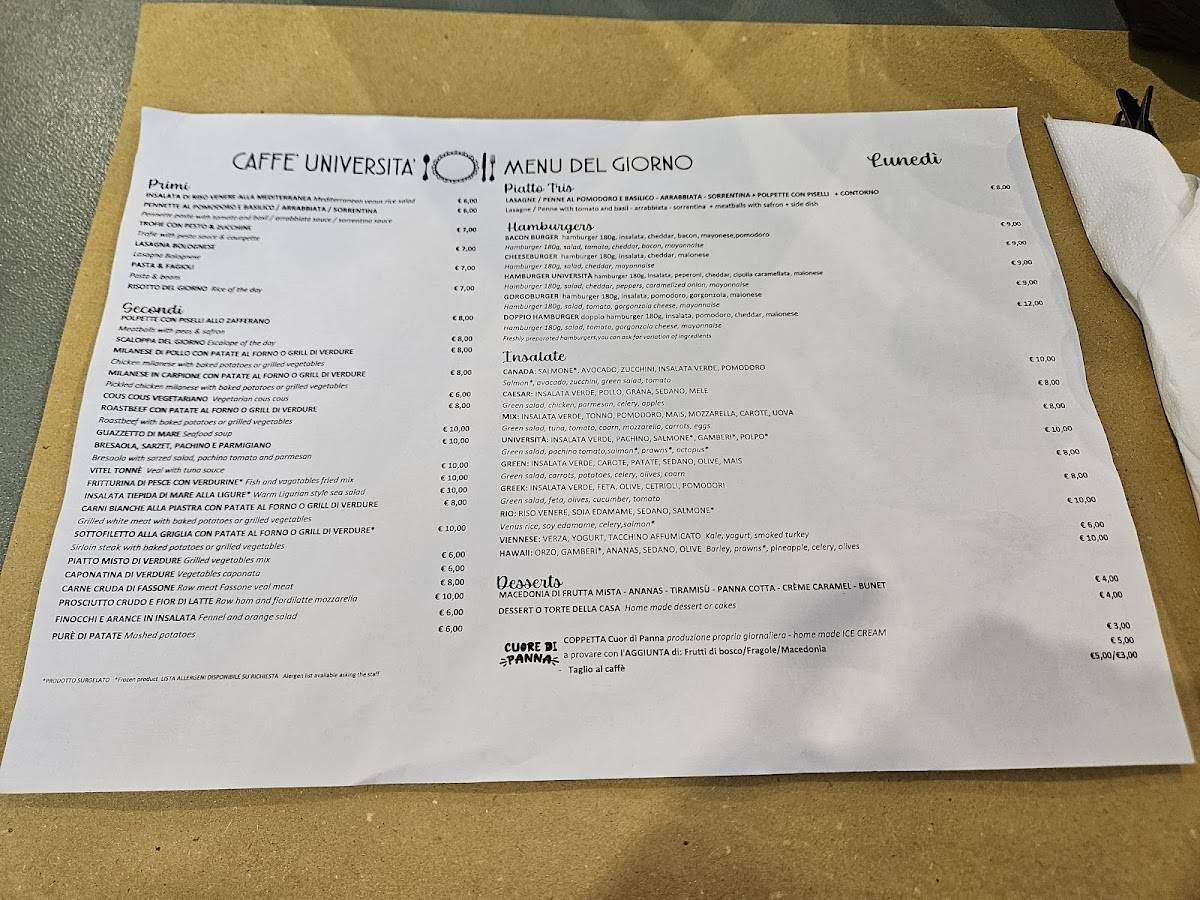Menu di Caffetteria dell'Università 