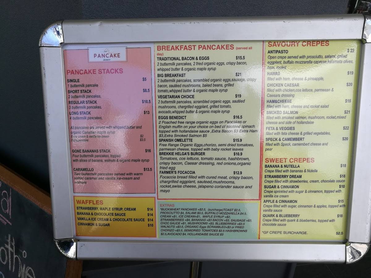 Menu at Helga's Pancake House cafe, Cairns City, 4547 Spence St