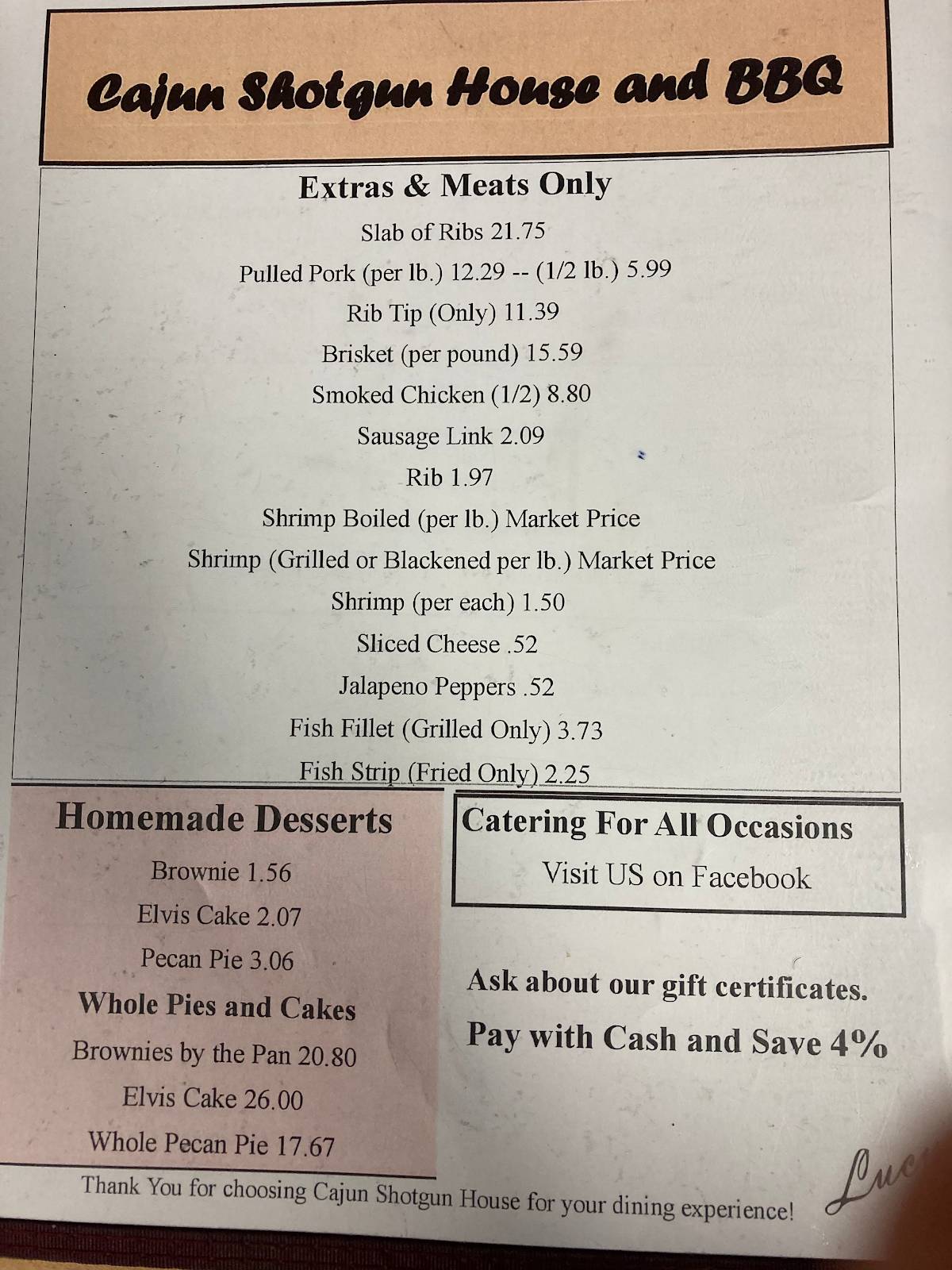 Menu at Cajun Shotgun House & BBQ, Greenville, S Martin Luther King Jr