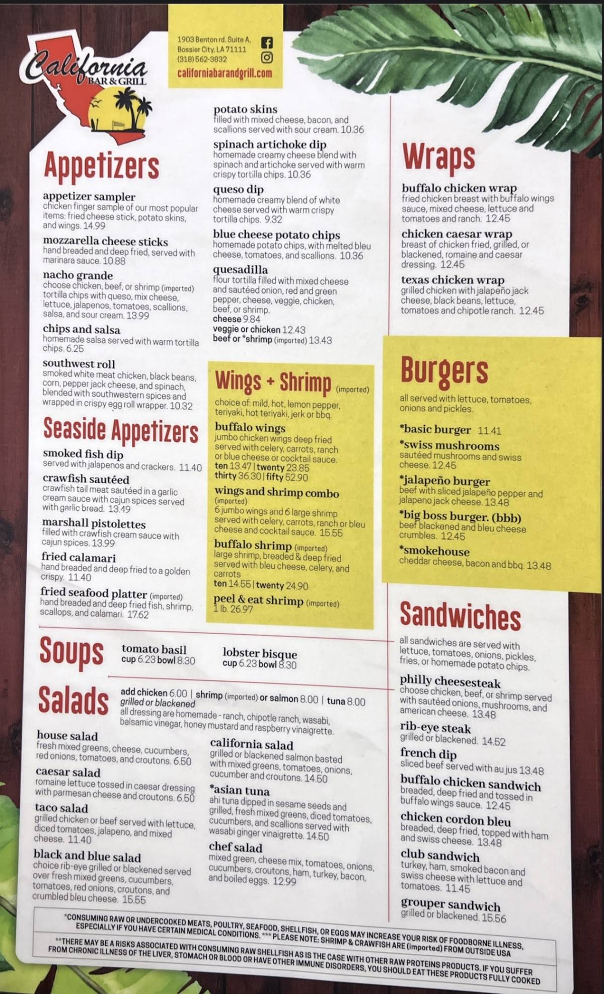 Menu at California Bar & Grill, Bossier City