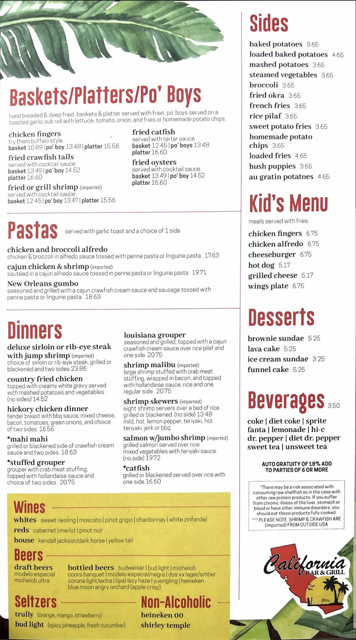 Menu at California Bar & Grill, Bossier City