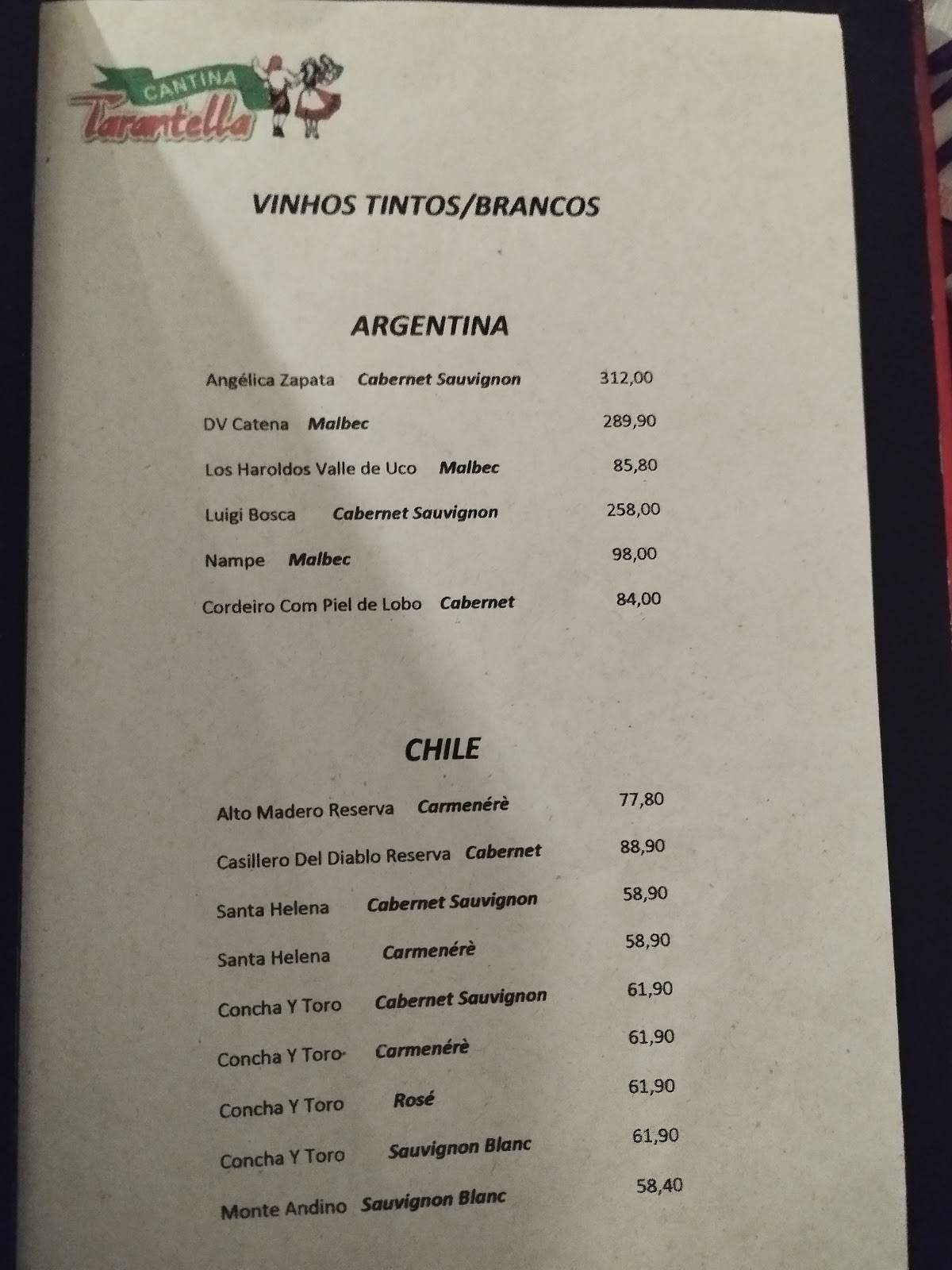 Cantina Tarantella cardápio