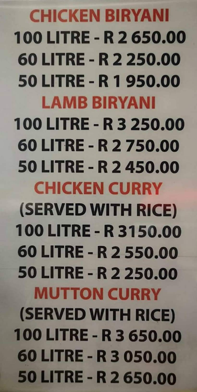 Menu at Food Inn India restaurant, Cape Town, 156 Long St