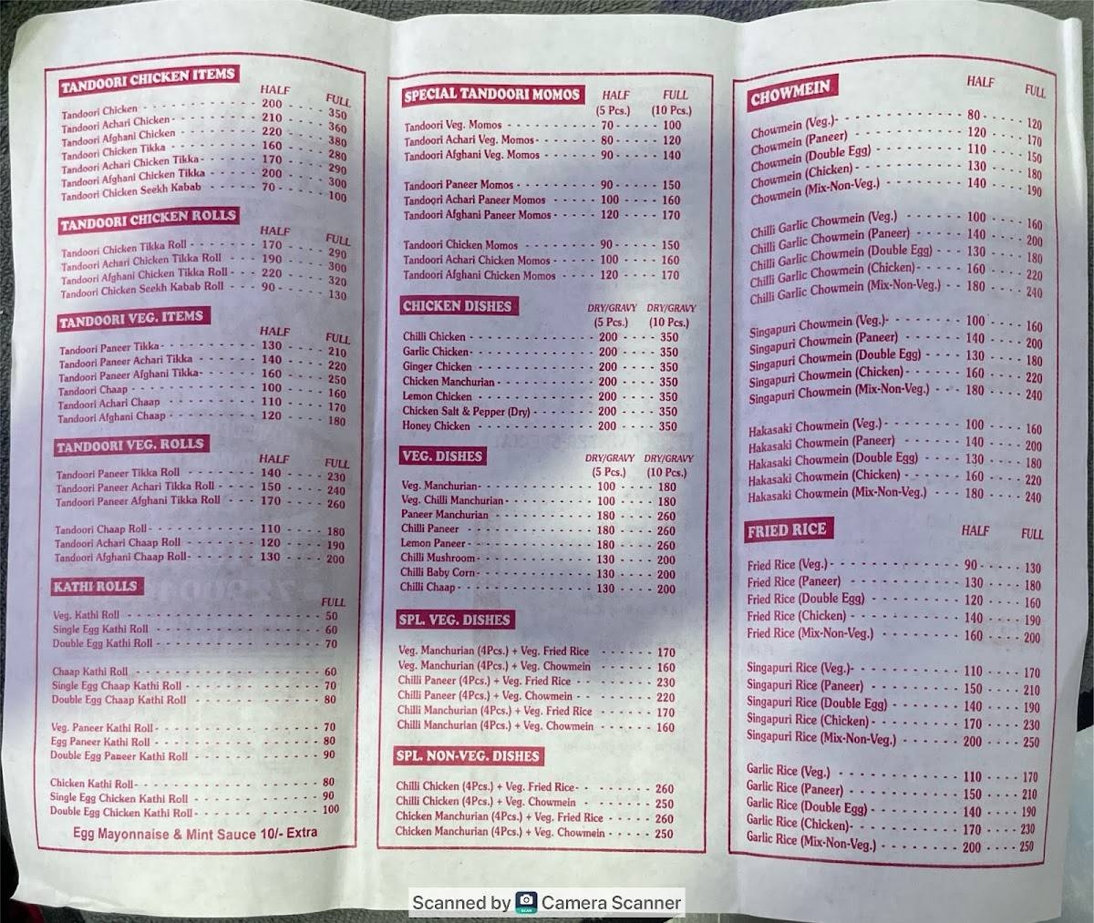 Capri Chef Cart menu