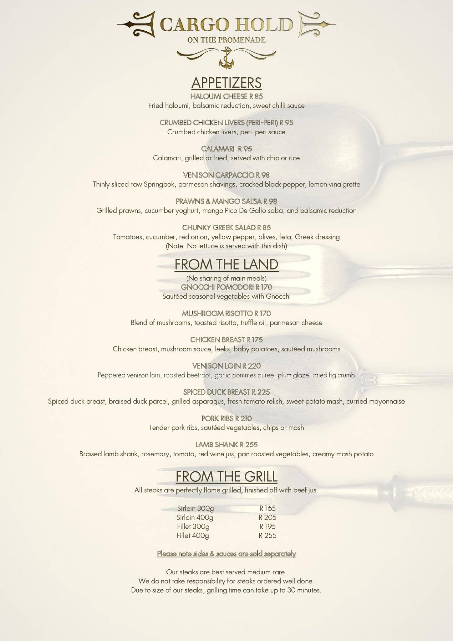 Menu at Cargo Hold Restaurant, Durban