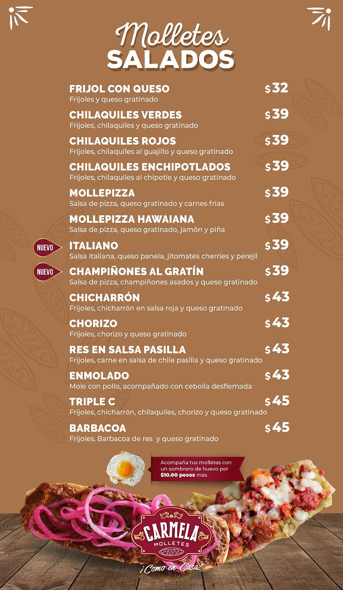 Carta del restaurante Carmela Molletes, Guadalajara