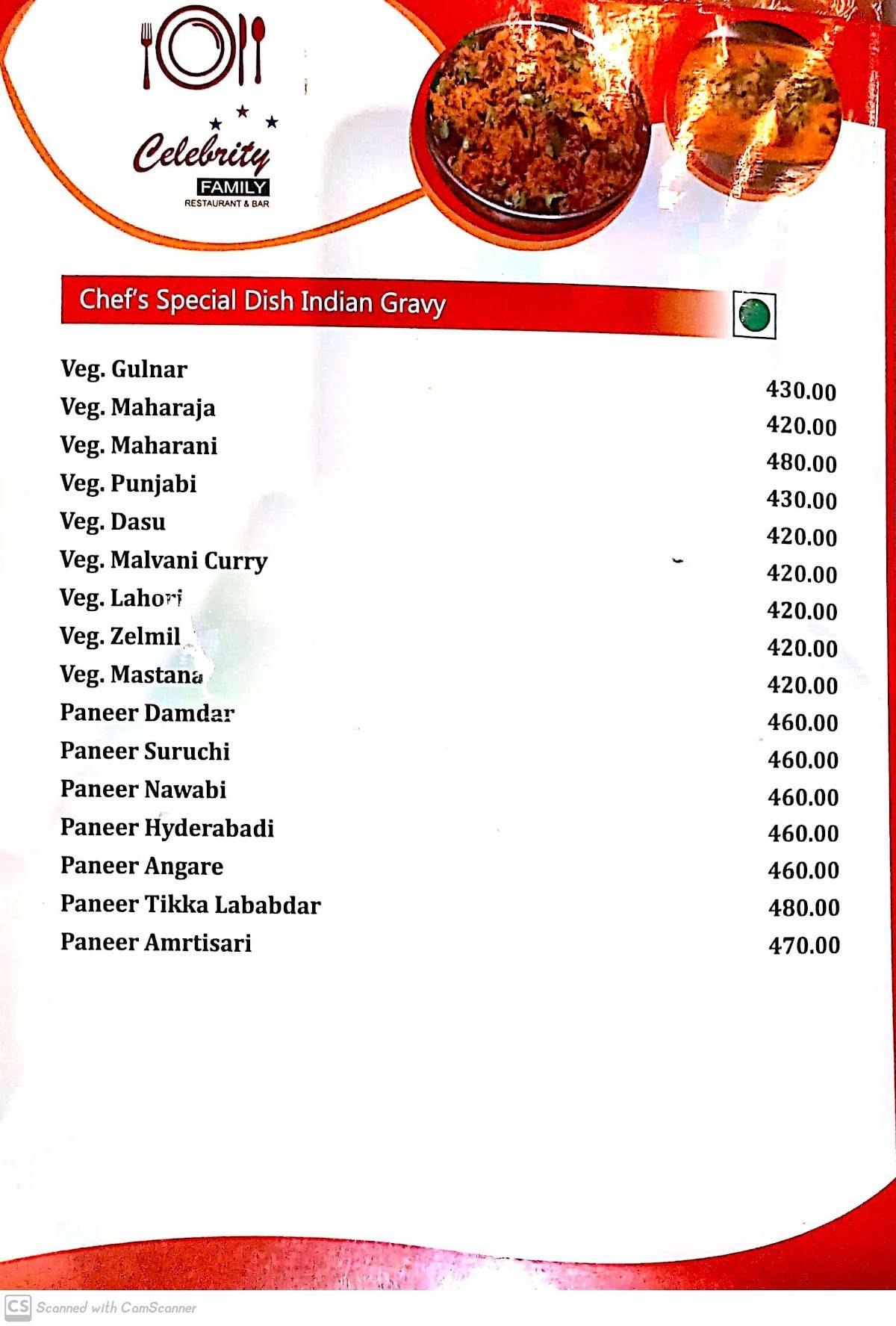 Hotel Celebrity menu