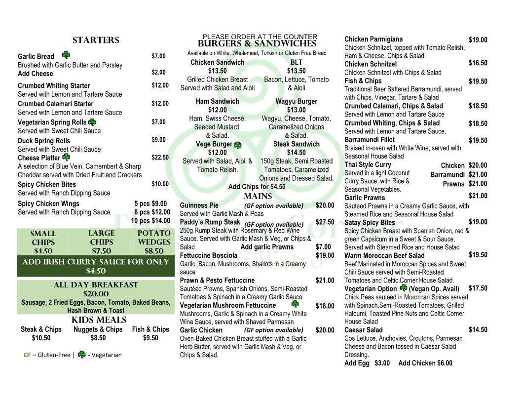 Menu at Celtic Corner Bar & Bistro, Manly