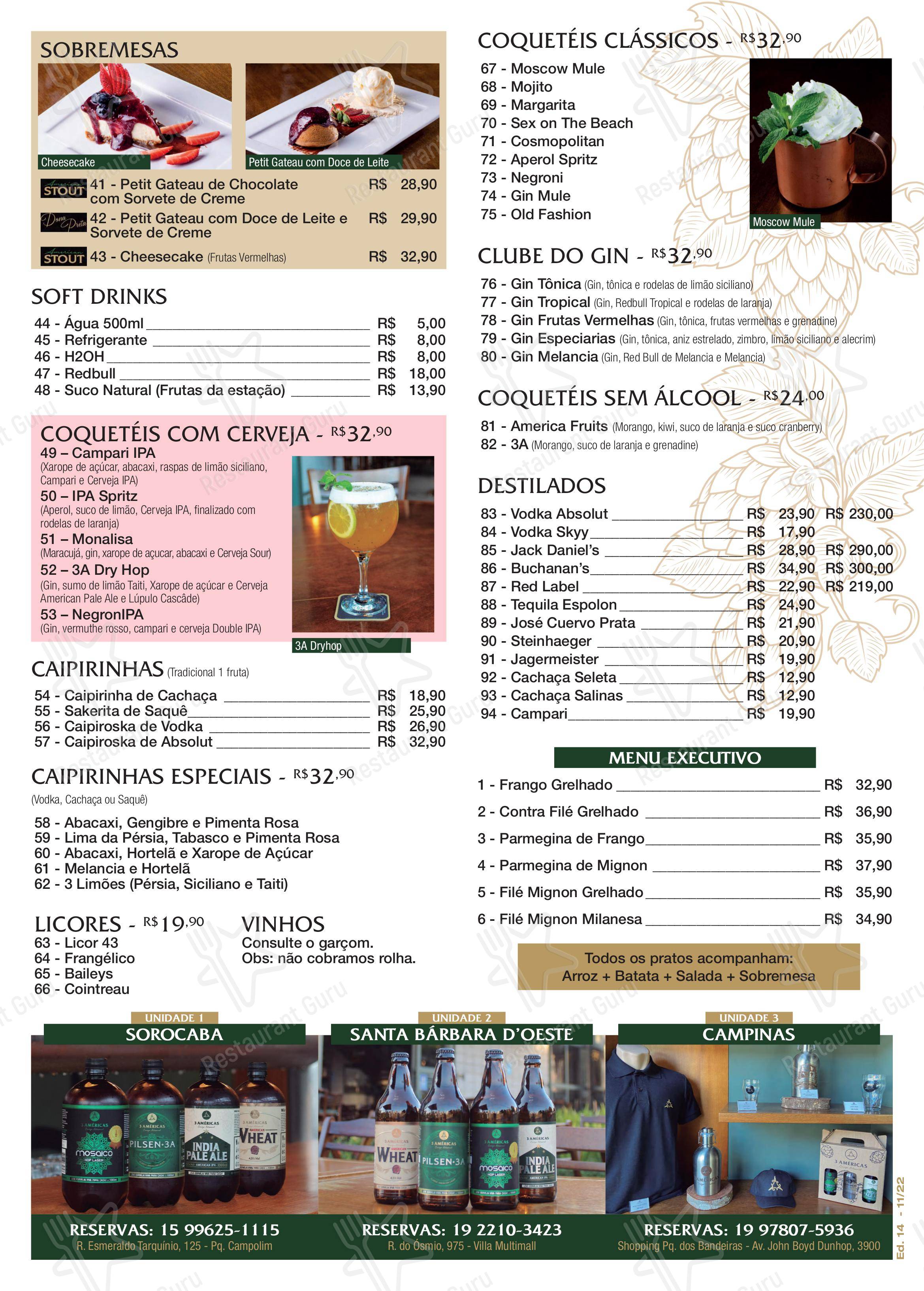 Menu para Cervejaria 3 Américas restaurante
