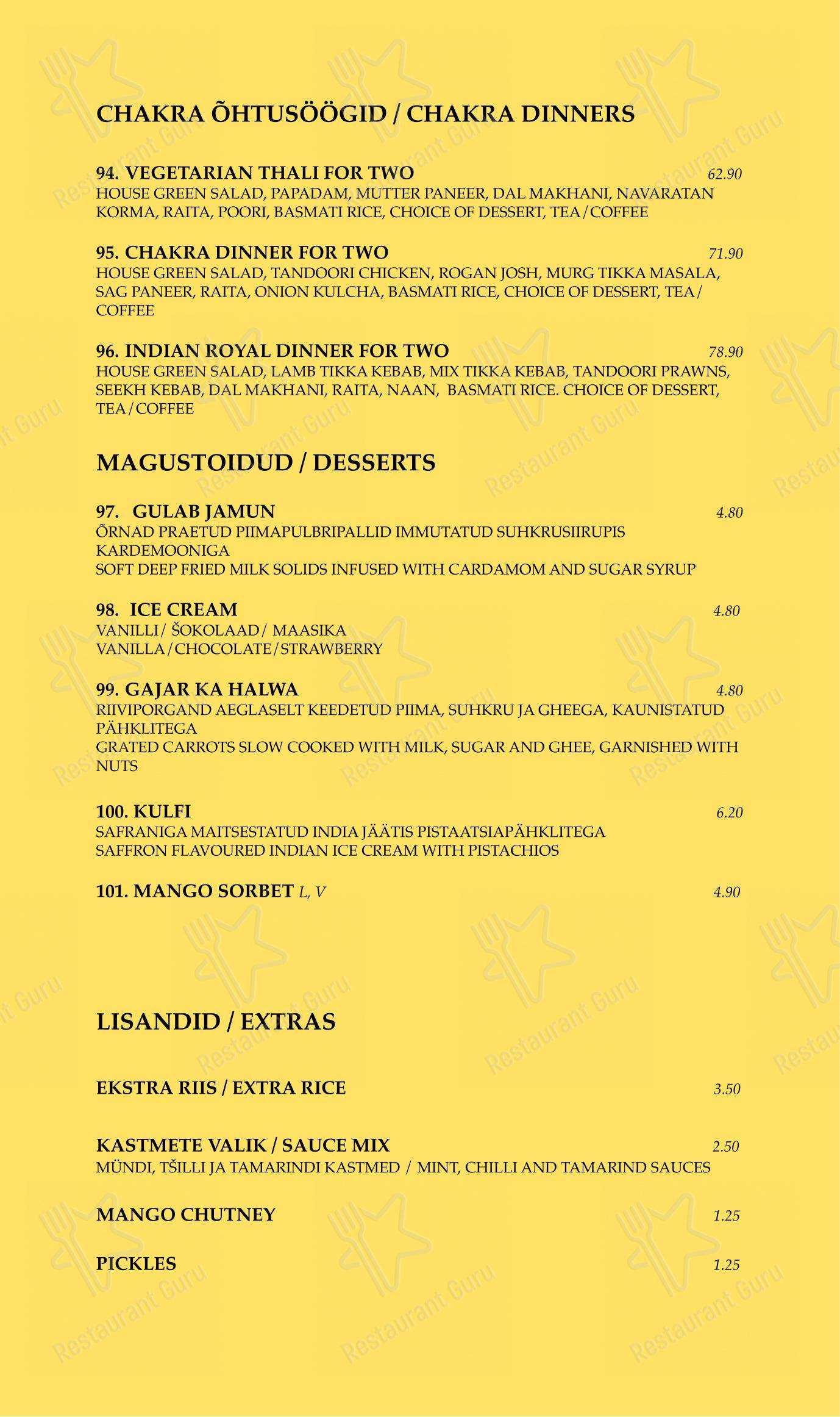 Menu bar pour Chakra restaurant