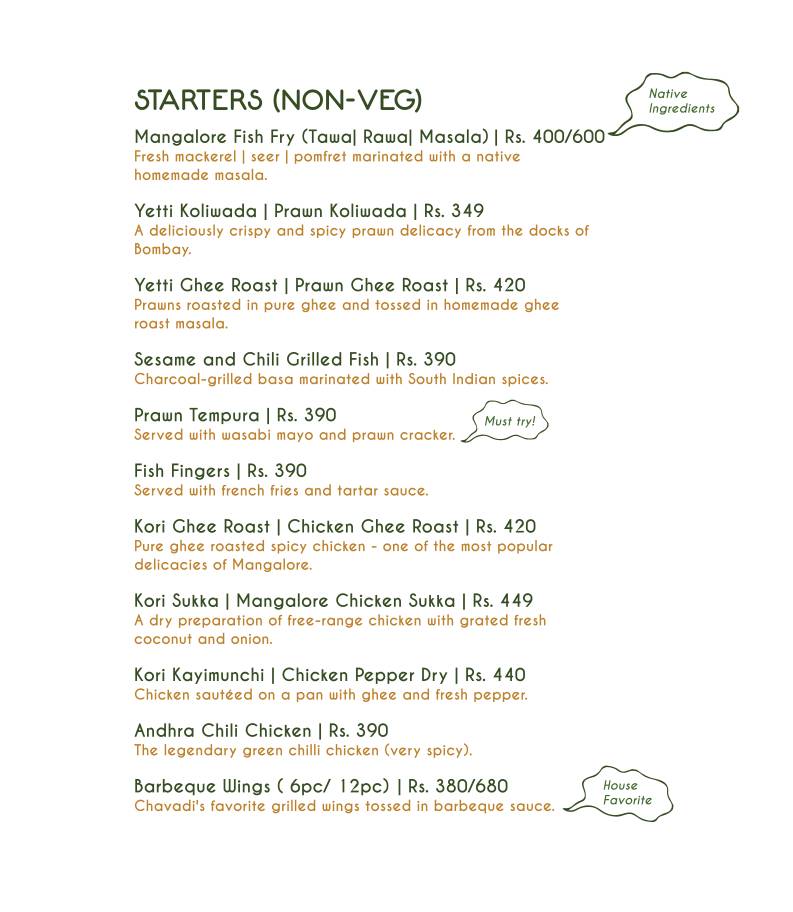 Chavadi Native Kitchen Community Cafe menu