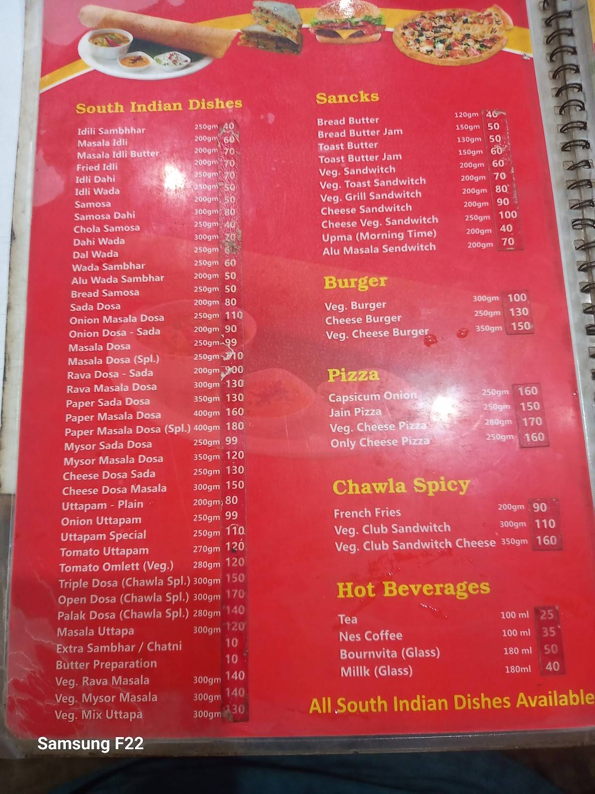 Chawla Cafe menu