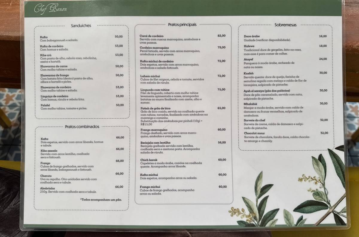Chef Benon cardápio
