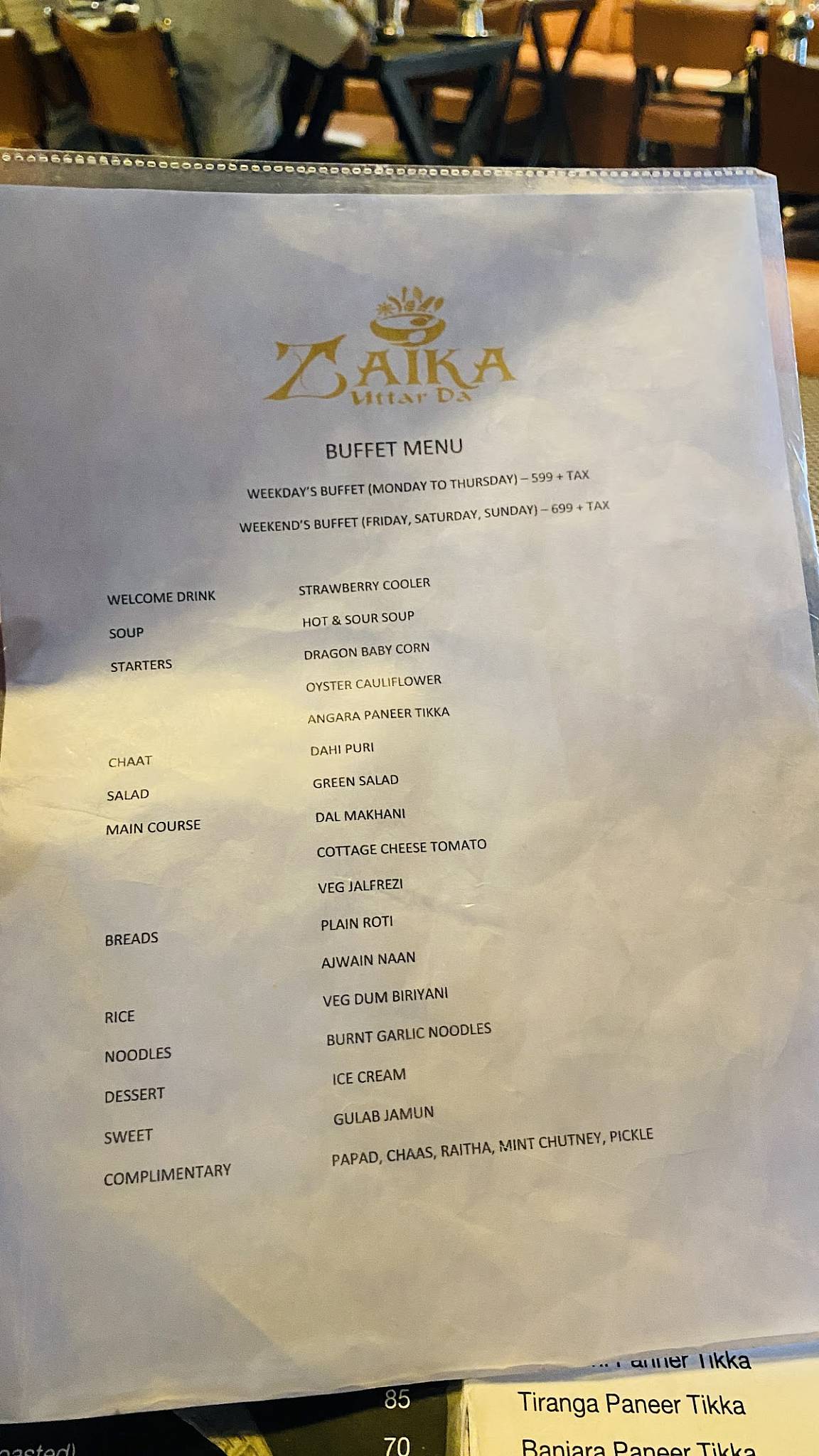 Zaika Uttar Da menu