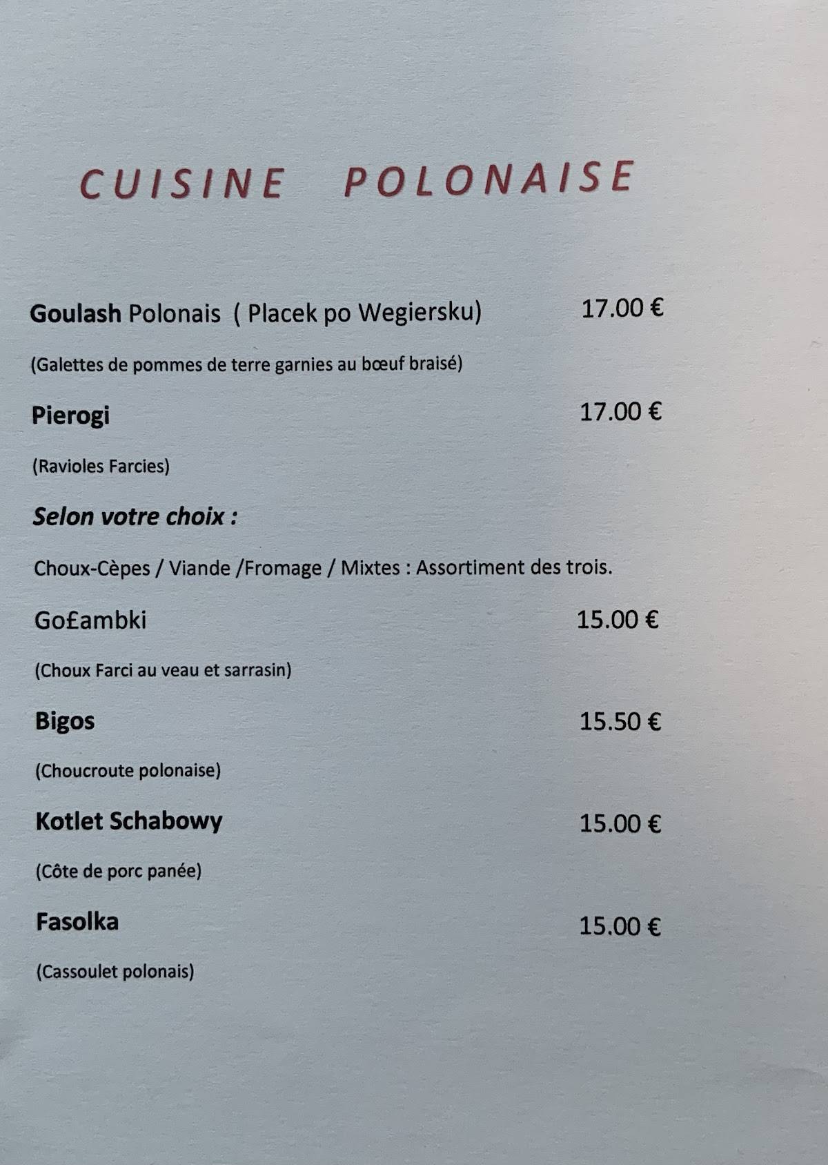 Menu de Chez Martin