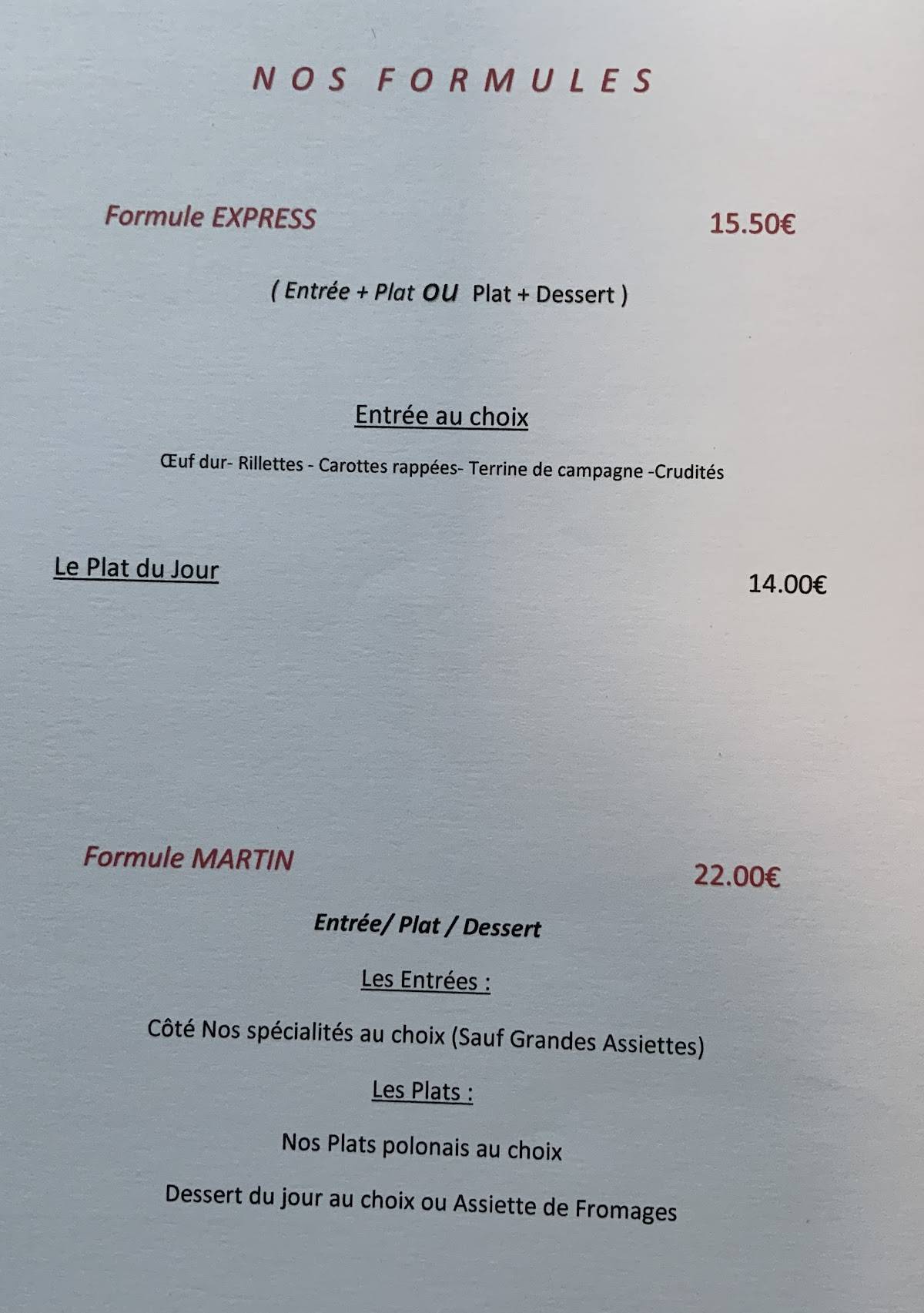 Menu de Chez Martin