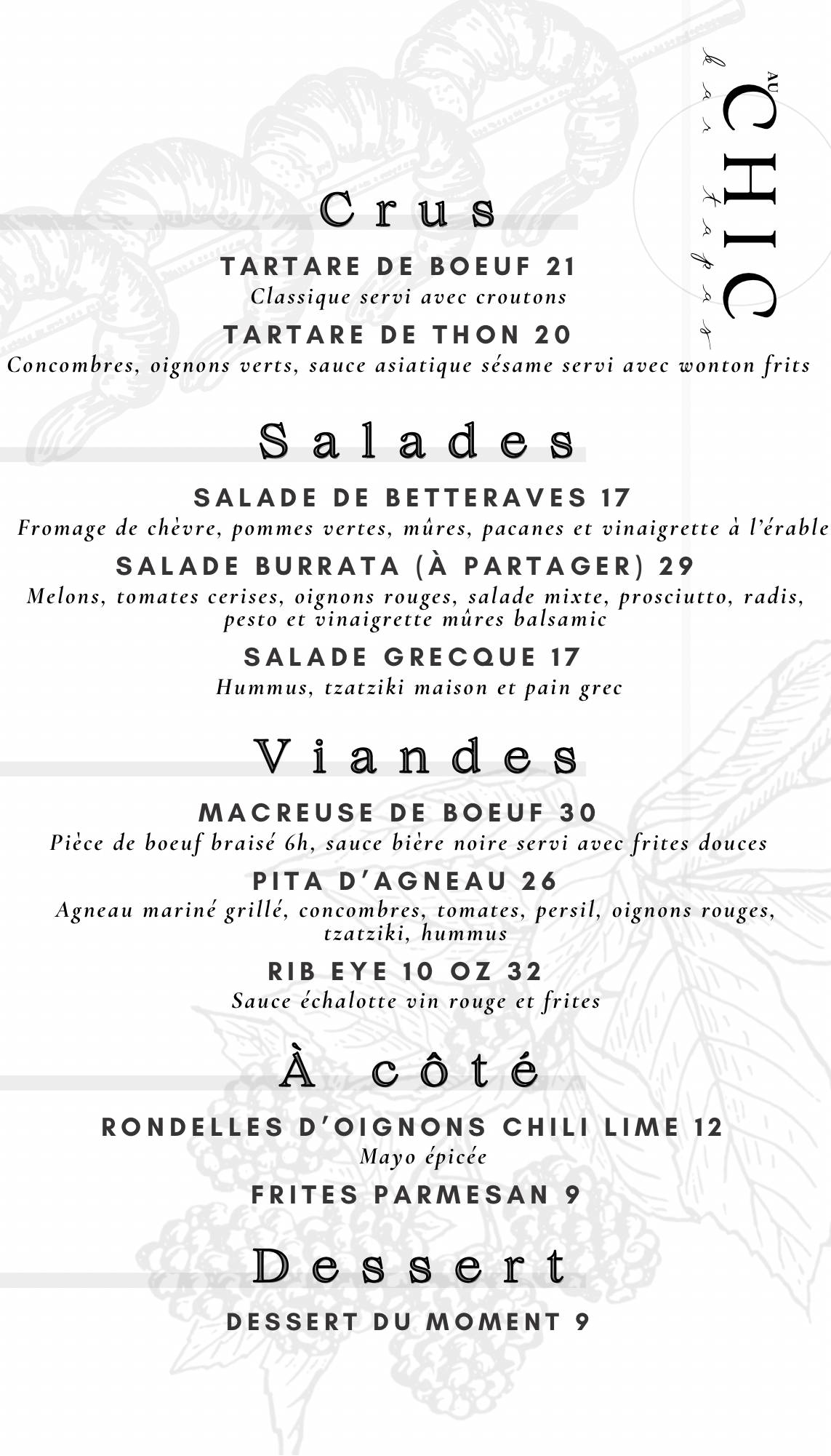 Menu de Chic Shake