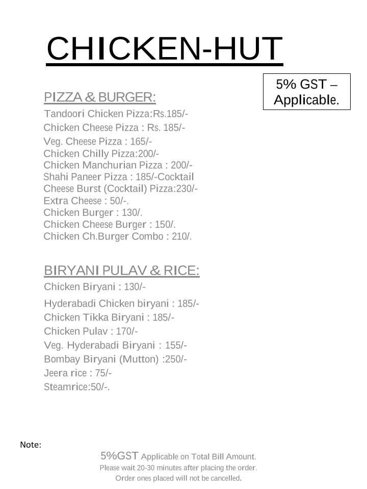 Chicken hut menu