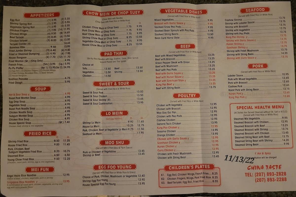 Menu at China Taste restaurant, Windham, 771 Roosevelt Trail Ste 1