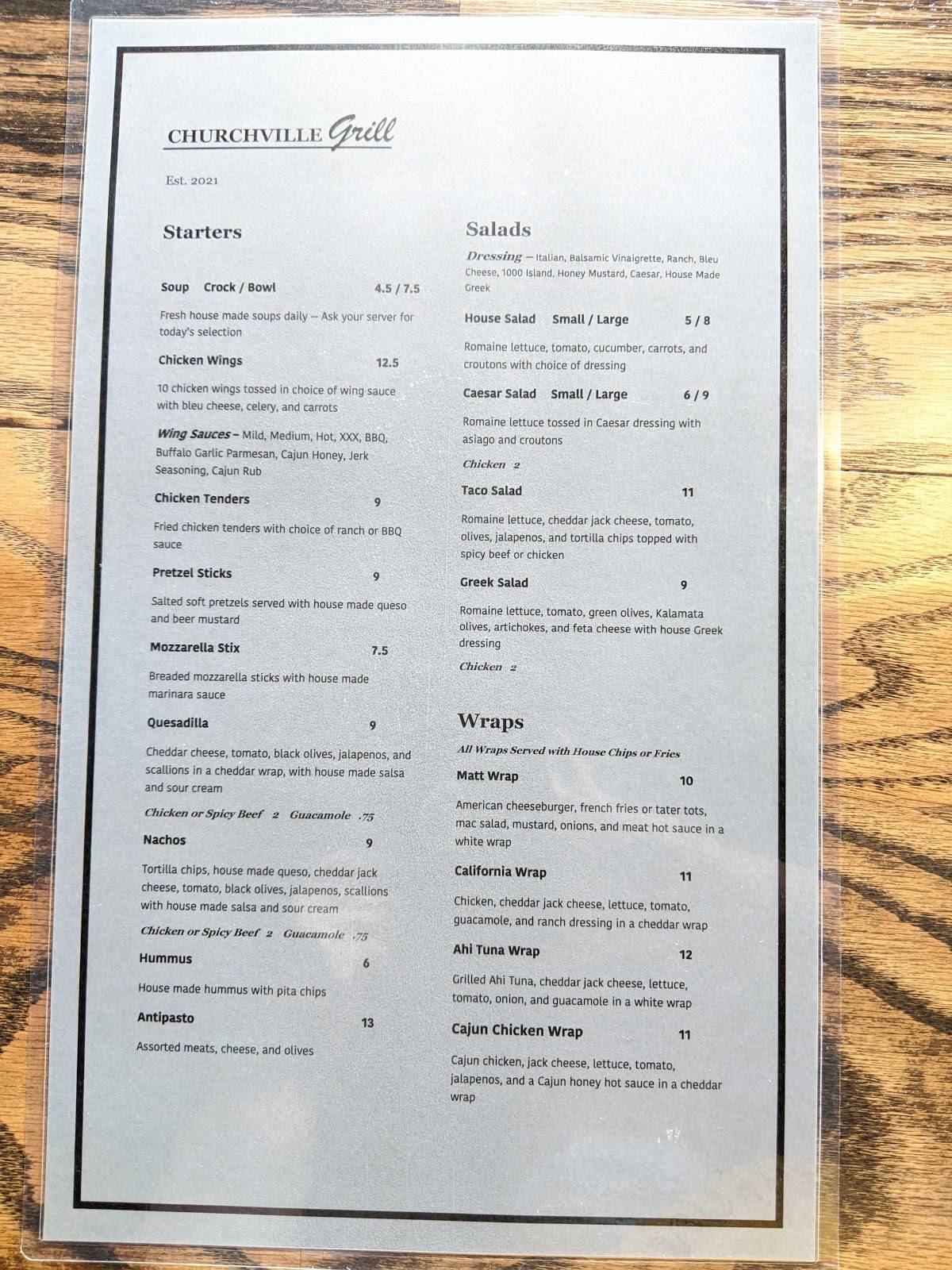 Menu at Churchville Grill restaurant, Churchville