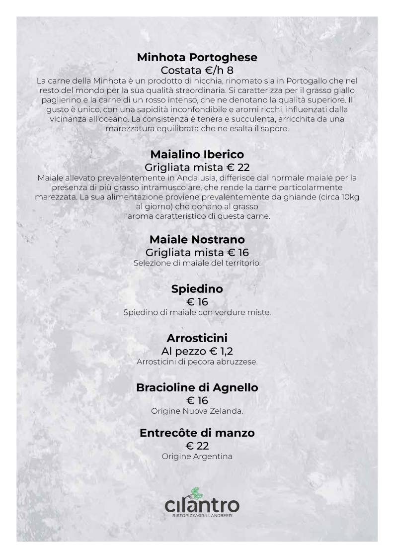 Menu di Cilantro - Ristorante Pizzeria Carne alla brace 