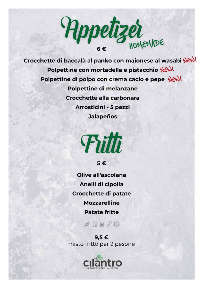 Menu di Cilantro - Ristorante Pizzeria Carne alla brace 