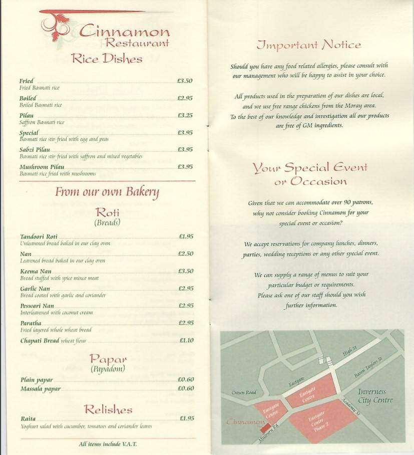 Menu at Cinnamon Restaurant, Inverness