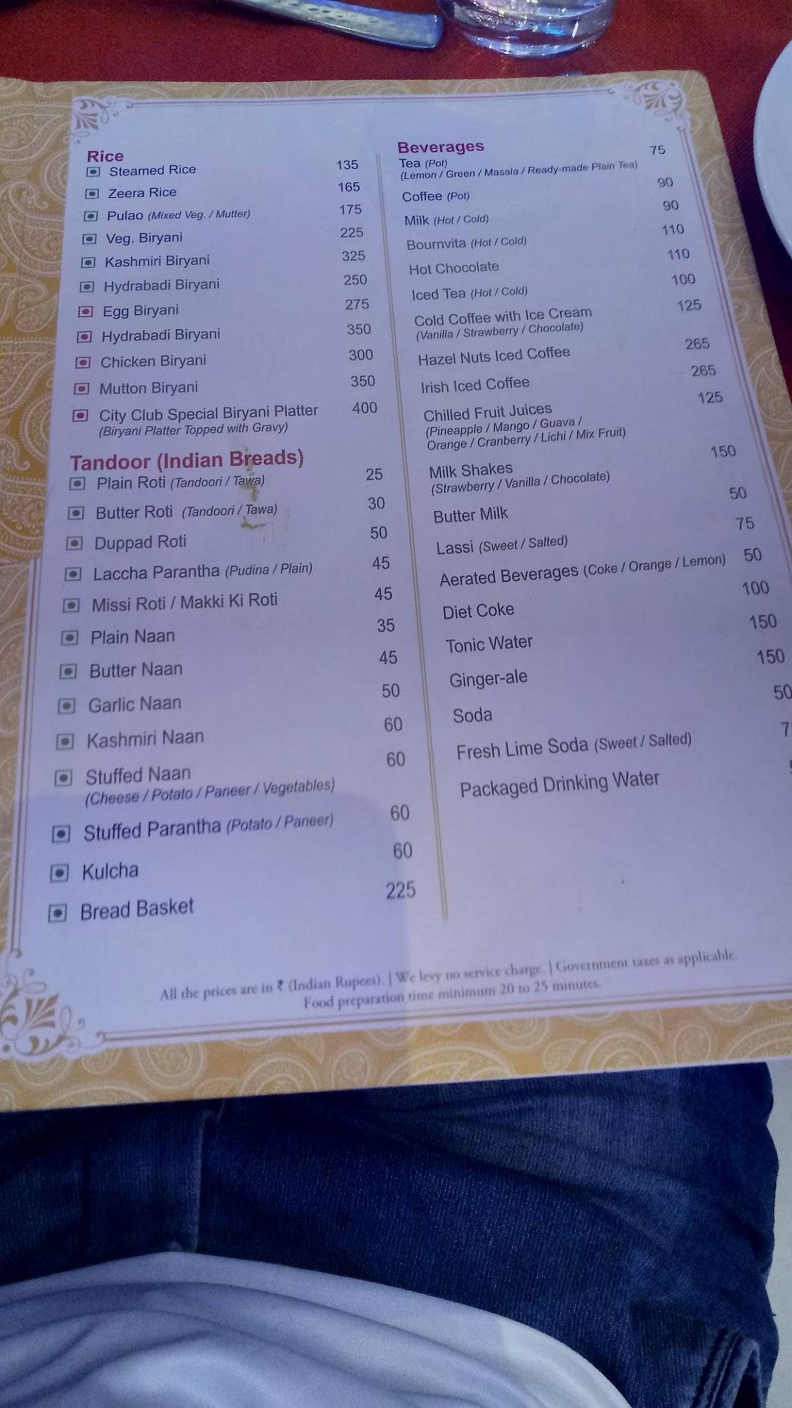 City Club Restrobar menu