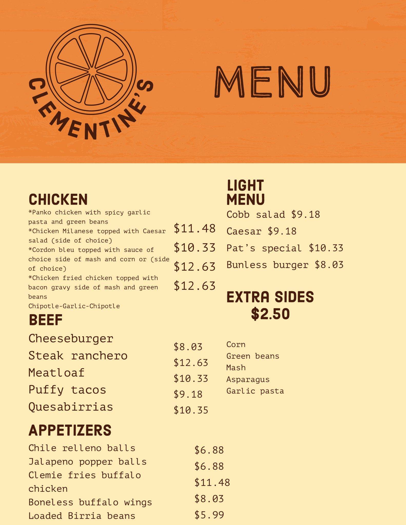 Menu at Clementine's Kitchen restaurant, Laredo