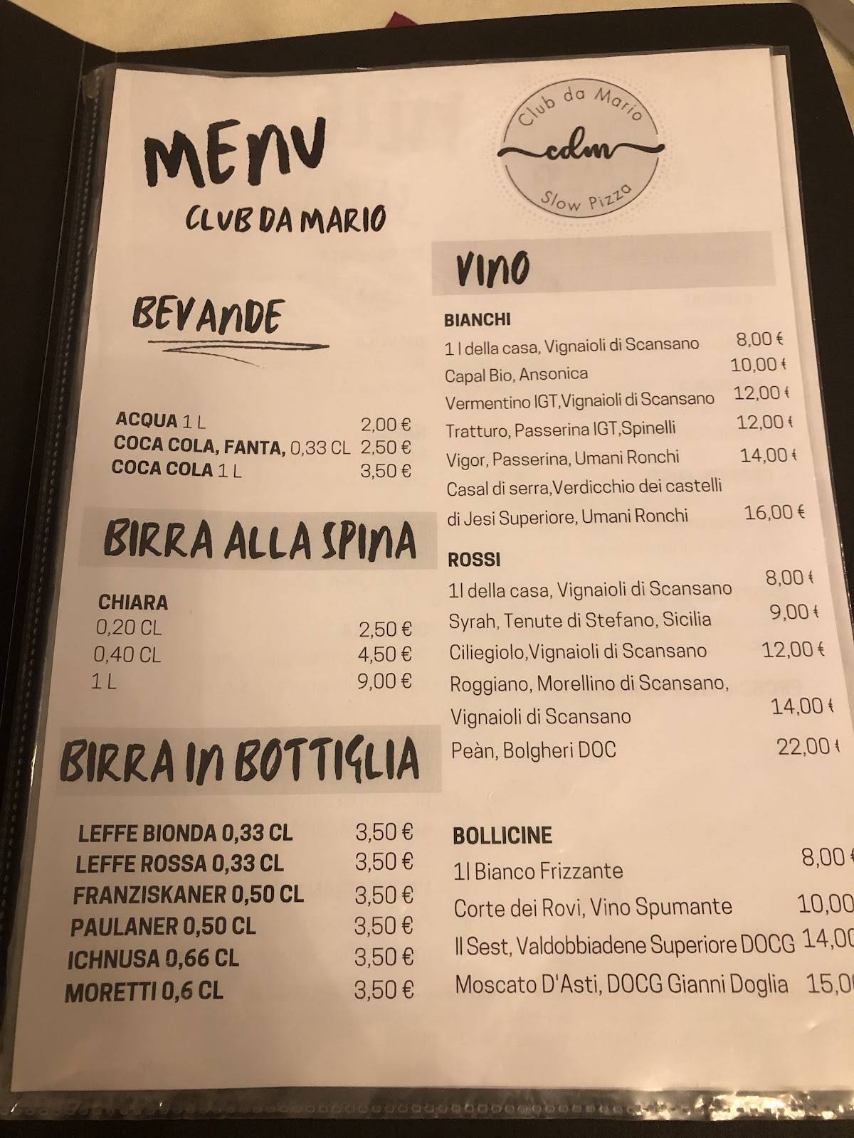 Menu di Club da Mario 