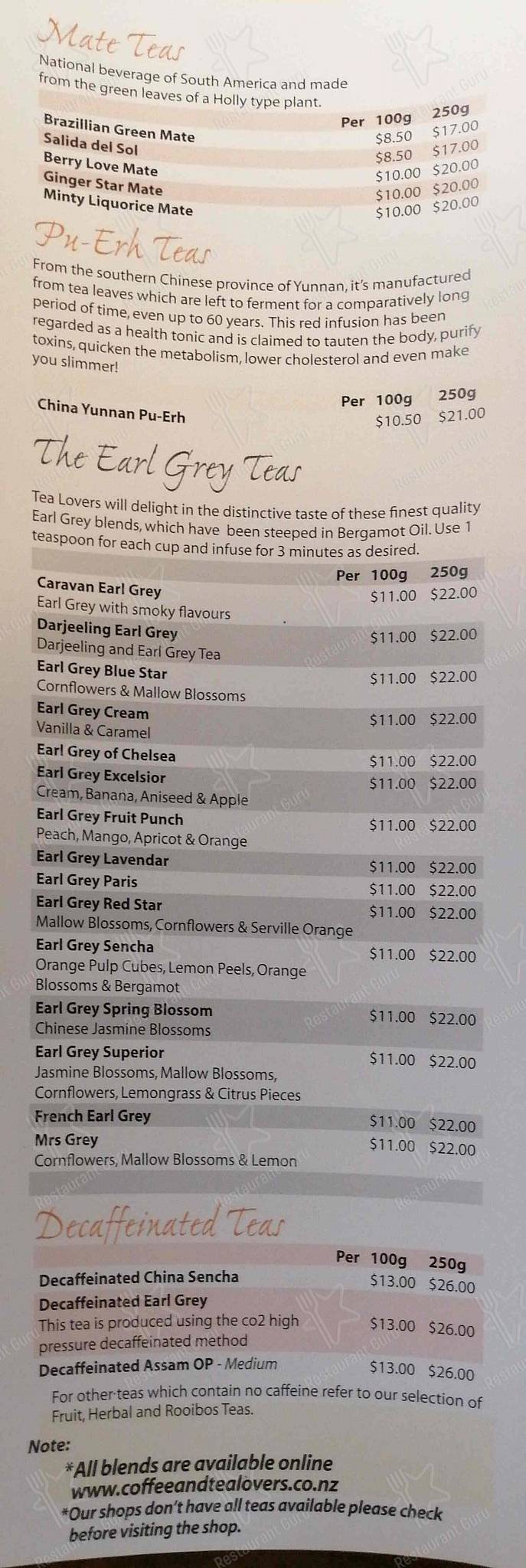 Menu at Coffee and Tea Lovers Epsom cafe, Auckland, 567 Manukau Rd