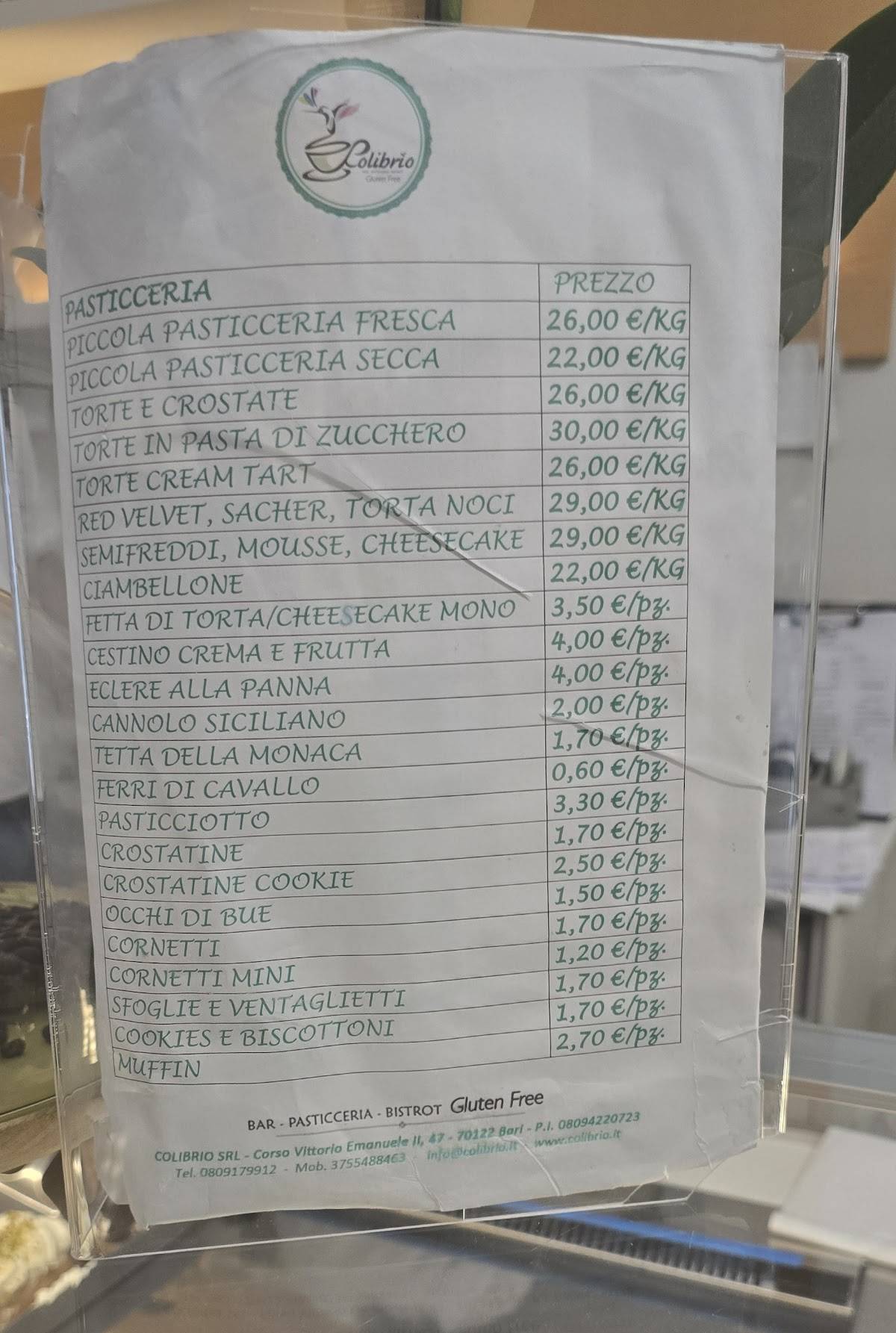 Menu di Colibrio Bar Pasticceria Bistrot Gluten Free 
