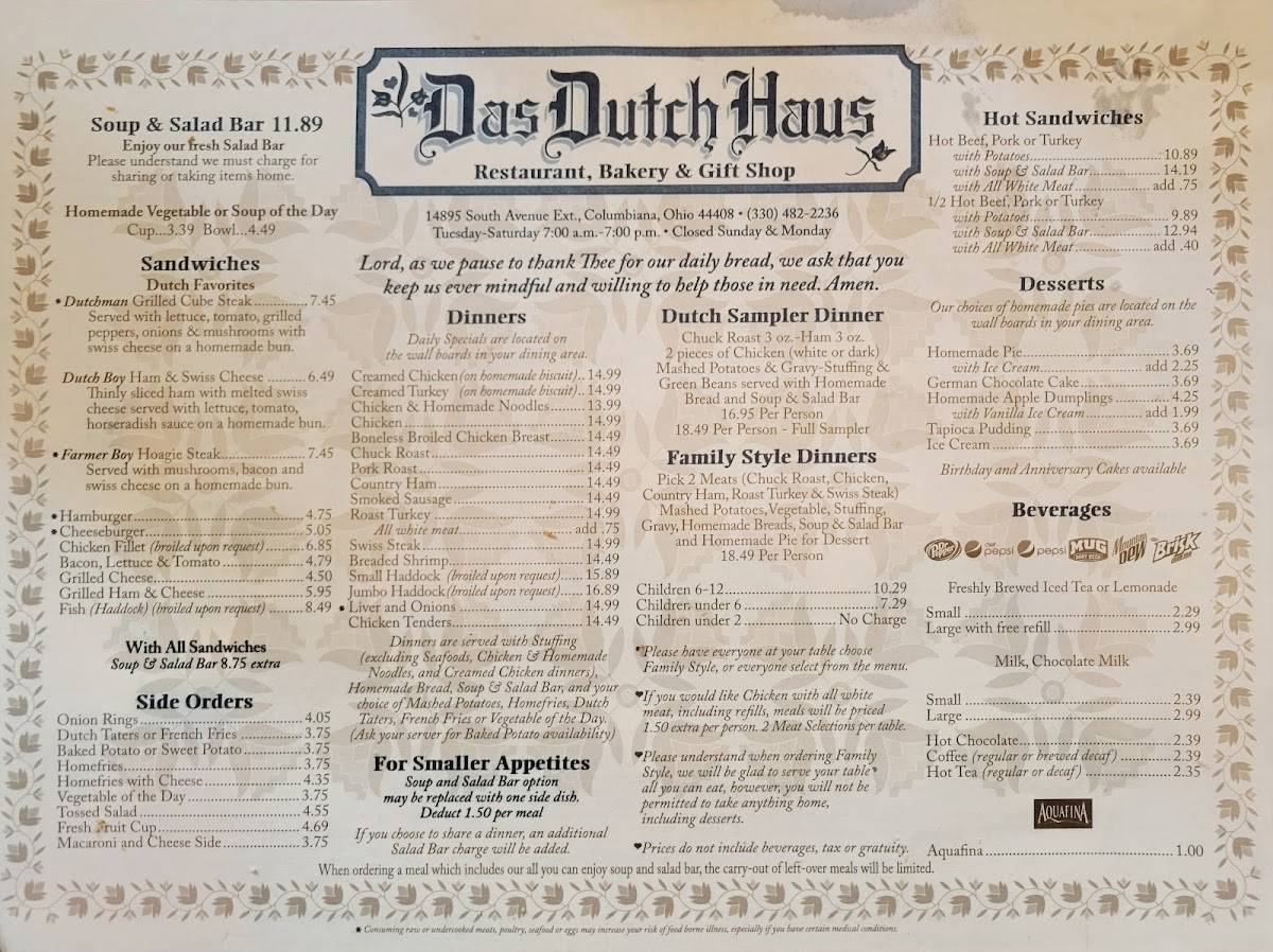 Menu at Das Dutch Haus Restaurant, Columbiana